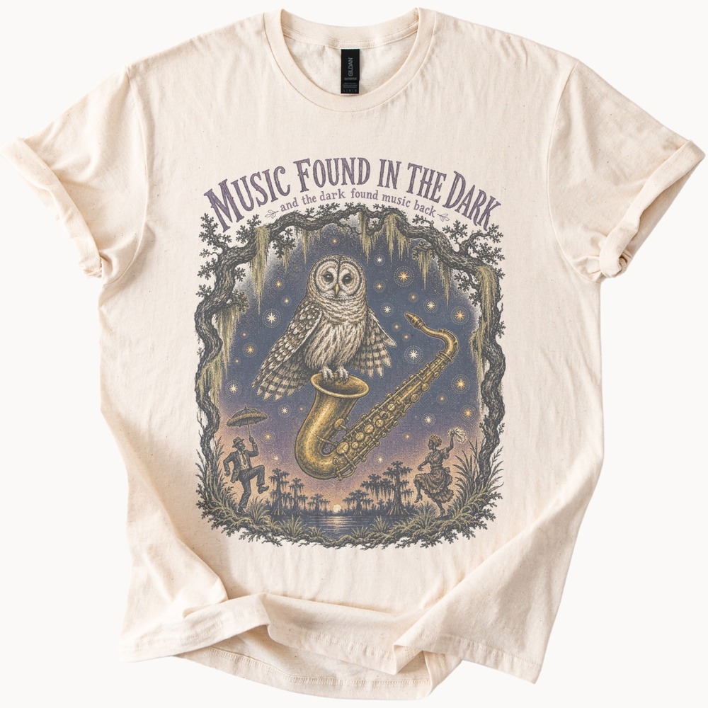 Owl Saxophone Starry Night Graphic Tee Mysterious Bayou Art